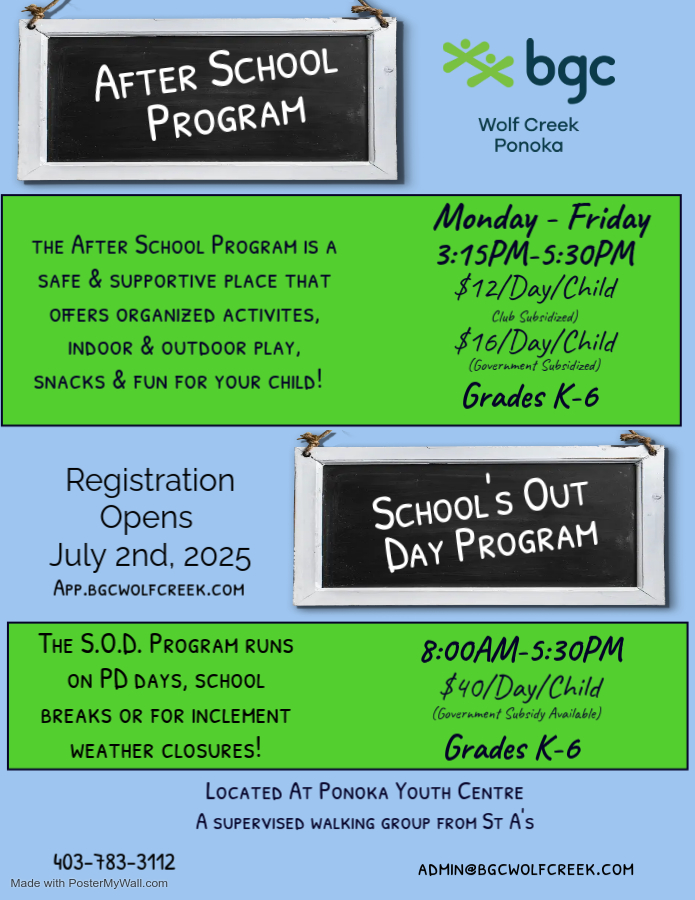 June 2025 calendar for After School Care and Schools Out Day programs with activities and themes. There is one SOD day on June 6th. Last day of program is June 25.