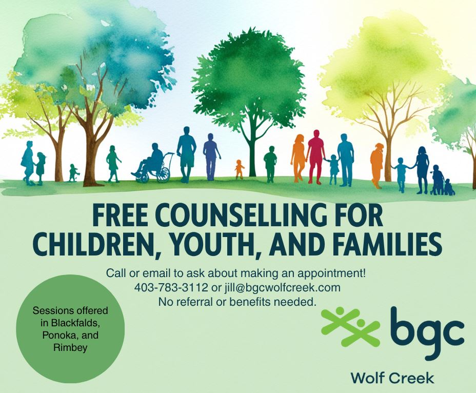 BGC Counselling Program promo showing counselling is available in Ponoka, Rimbey and Blackfalds. Counselling is free from licensed and registered therapist. No referral is needed.
