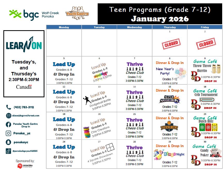Ponoka Teen September 2025 calendar of activities and themes