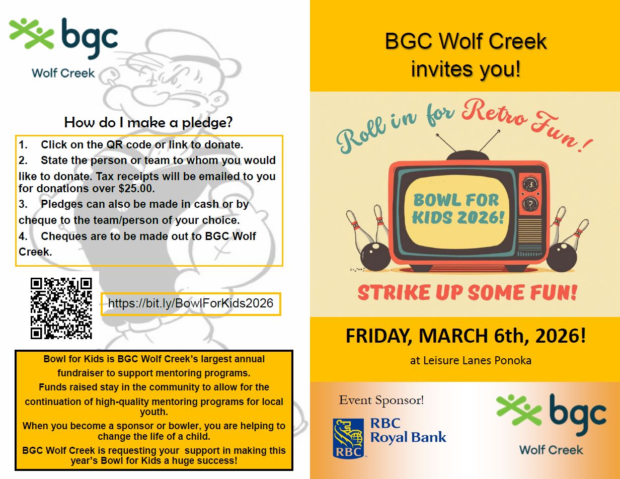 Promo with information for BGC Wolf Creek's new free program for children ages 3-6. Rewild Nature Program is every Wednesday, starting Oct 15, 2025 from 9:00am-11:30am, at the Ponoka Youth Centre. This program is for hands-on exploration, creativity, and discovery. Limited spots are available and online registration is required. For more info contact Mollie@bgcwolfcreek.com or 403-783-3112