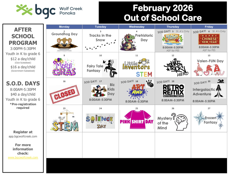 Ponoka September 2025 calendar of activities and themes for After School Care and Schools Out Day programs. There are two Schools Out Days - Sept 19th and Sept 30th that there is full day programs provided at BGC Wolf Creek.