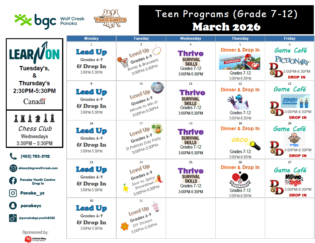 Ponoka Teen September 2025 calendar of activities and themes