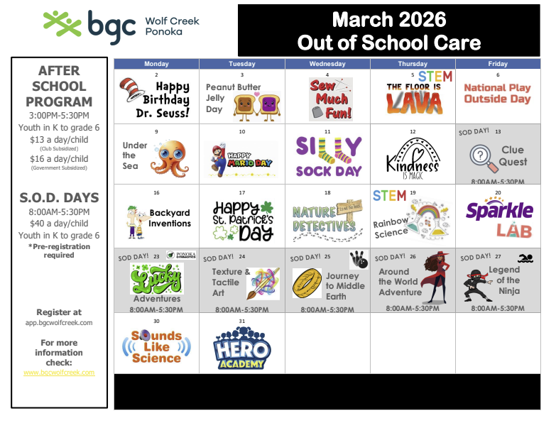 Ponoka September 2025 calendar of activities and themes for After School Care and Schools Out Day programs. There are two Schools Out Days - Sept 19th and Sept 30th that there is full day programs provided at BGC Wolf Creek.