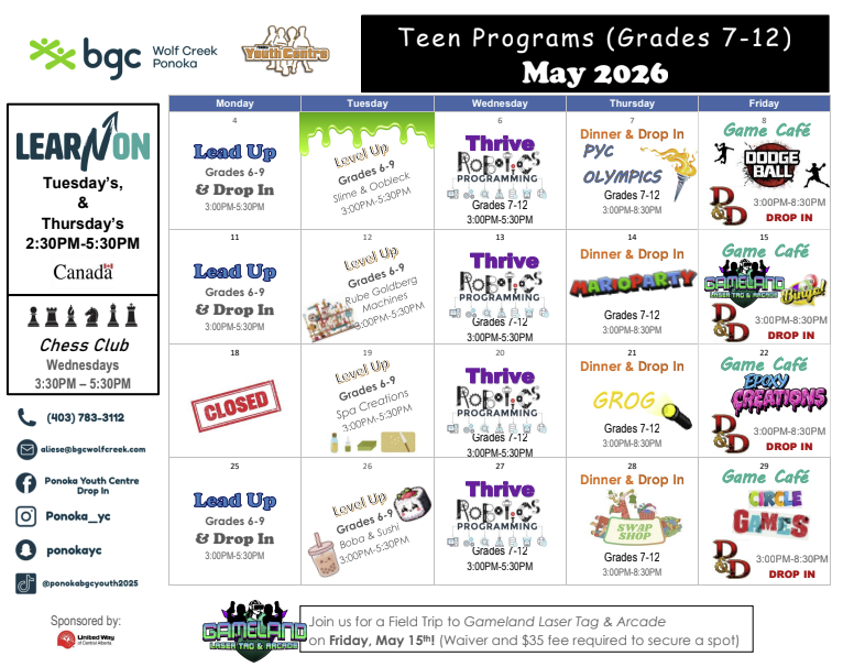Ponoka Teen September 2025 calendar of activities and themes