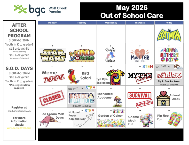 Ponoka September 2025 calendar of activities and themes for After School Care and Schools Out Day programs. There are two Schools Out Days - Sept 19th and Sept 30th that there is full day programs provided at BGC Wolf Creek.