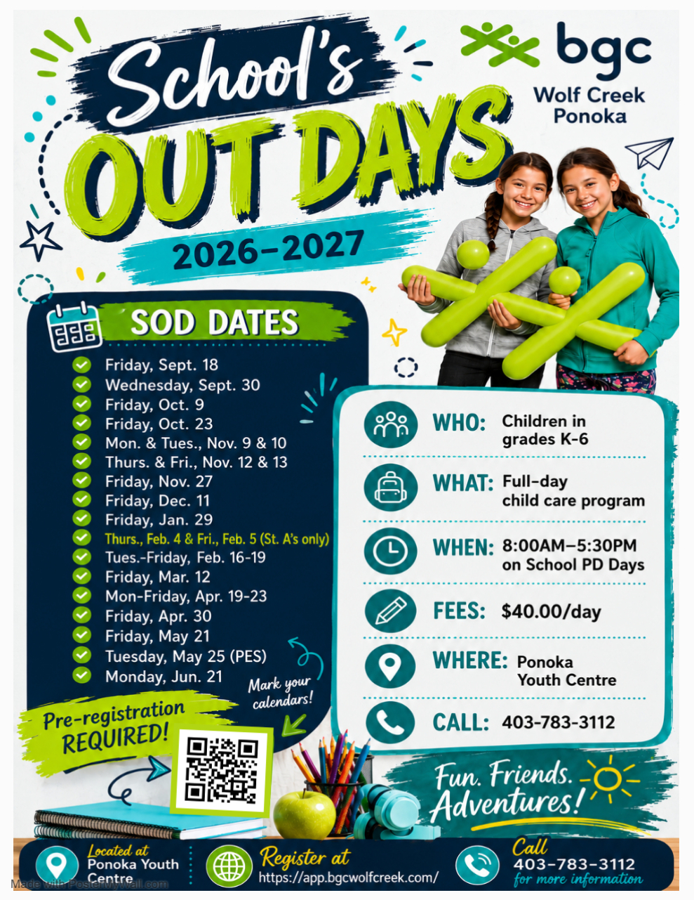 Ponoka BGC Wolf Creek School's Out Days for 2025-2026 school PD days. Full-day child care programs are $40/day from 8:00-5:30 pm on school PD Days. Pre-registration is required.
