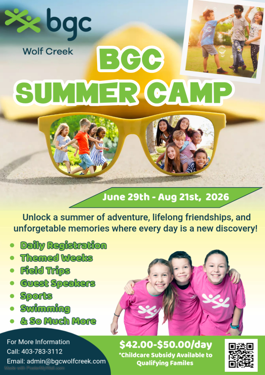 Promo with information for BGC Wolf Creek's new free program for children ages 3-6. Rewild Nature Program is every Wednesday, starting Oct 15, 2025 from 9:00am-11:30am, at the Ponoka Youth Centre. This program is for hands-on exploration, creativity, and discovery. Limited spots are available and online registration is required. For more info contact Mollie@bgcwolfcreek.com or 403-783-3112
