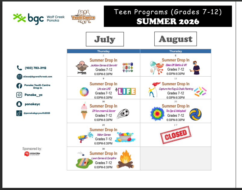 Ponoka Teen September 2025 calendar of activities and themes