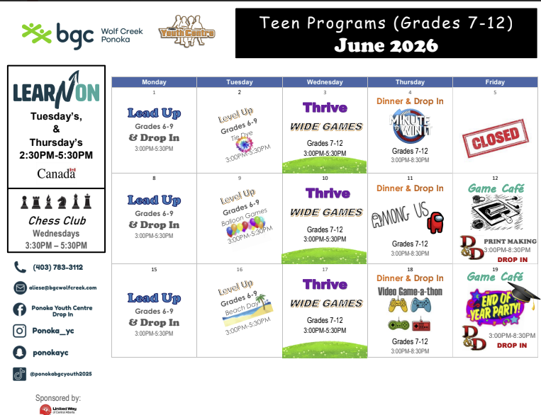 Ponoka September 2025 calendar of activities and themes for After School Care and Schools Out Day programs. There are two Schools Out Days - Sept 19th and Sept 30th that there is full day programs provided at BGC Wolf Creek.